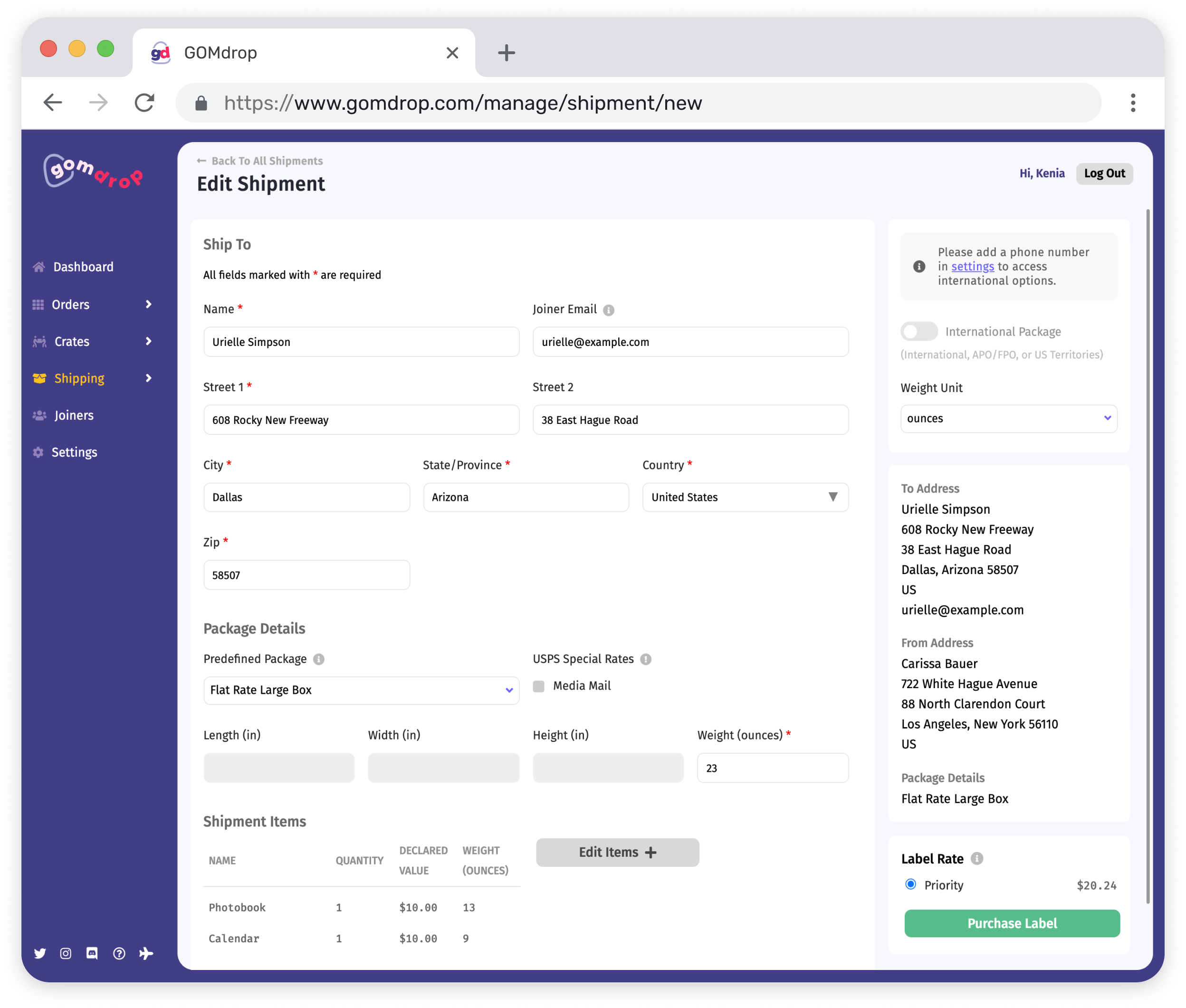 Preview of the shipment creation page